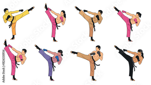 Martial arts training illustration with diverse karate and kickboxing poses for sports and fitness design