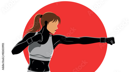 Female boxer in action with red circle background for sports design