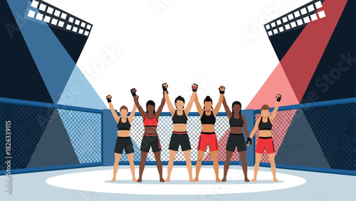 Mixed martial arts fighters in octagon arena celebrating victory - perfect for sports event promotions