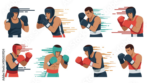 Boxing athletes in dynamic poses with protective gear for sports illustration and posters