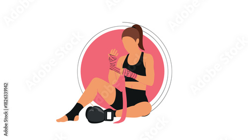 Female boxer wrapping hands in pink tape, preparation and empowerment for training