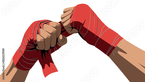 Powerful unity in boxing teamwork featuring fist bump in red hand wraps