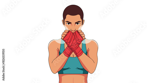 Determined female boxer in red hand wraps ready for fight - fitness and empowerment design for posters and cards