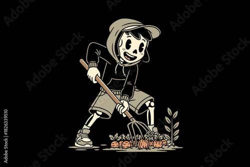 Skeleton farmer character digging up pumpkins with a pitchfork.
