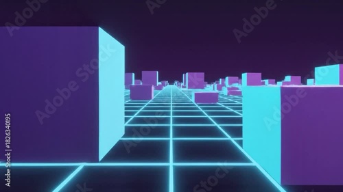 Abstract Neon Grid Cityscape with Glowing Blocks and Retro-Futuristic Aesthetic.