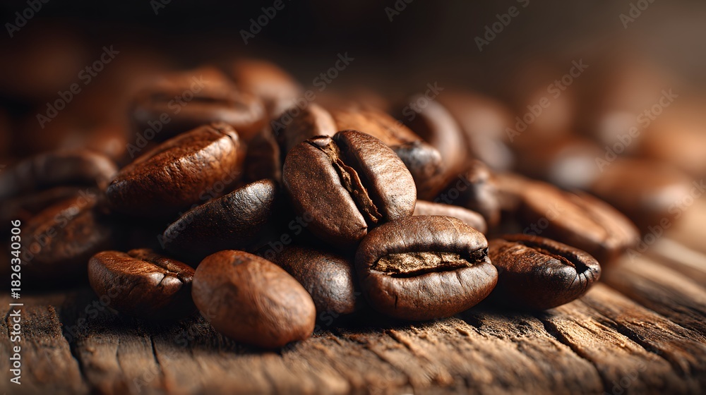 Fototapeta premium Close-up of shiny roasted coffee beans scattered on a rustic wooden surface with warm lighting for aromatic fresh coffee inspiration