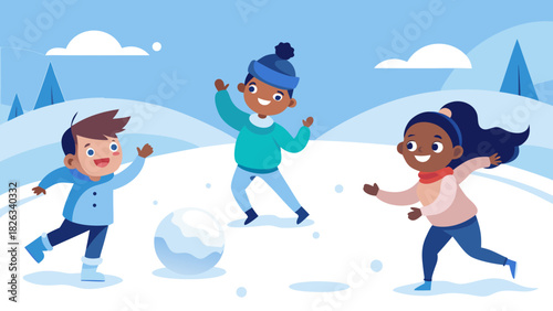 Children playing in the snow having a snowball fight on a winter day