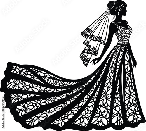 Elegant silhouette of a bride in a beautiful lace wedding dress with a long train and veil, isolated on