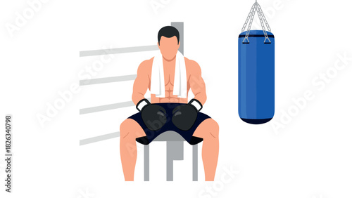 Boxer resting in gym with boxing gloves and punching bag illustration for fitness motivation design