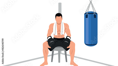 Boxing training concept with athlete resting by punching bag in gym environment