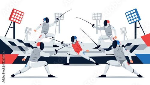 Dynamic fencing duel with athletes in action at indoor sports arena