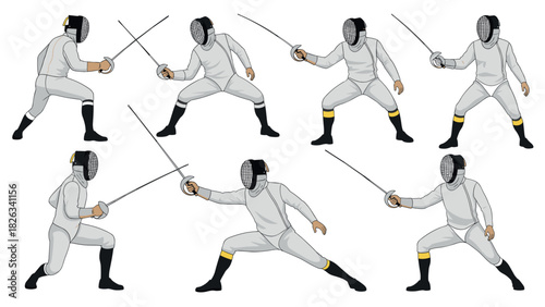 Fencing sport illustrations featuring fencers in various poses for athletic and educational design use