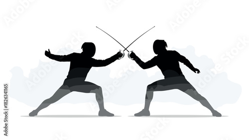 Dynamic fencing duel silhouette illustration for sports design and martial art projects