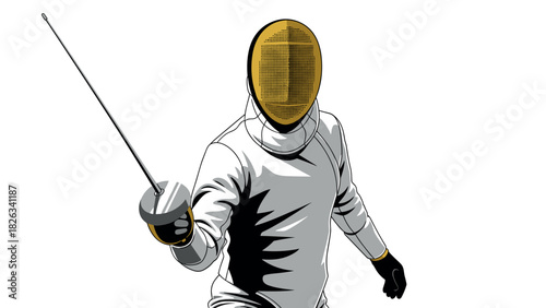 Dynamic fencing sport illustration with masked competitor and sword for athletic design and poster