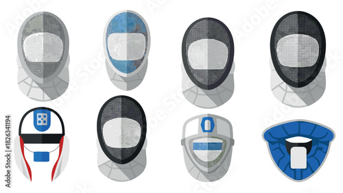 Fencing mask design collection featuring different styles and colors for sport apparel and training gear