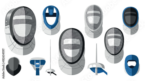Collection of fencing masks and helmets in various styles for sport design