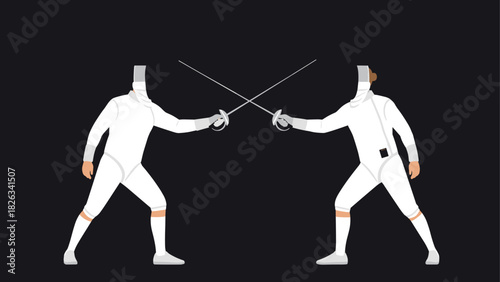 Fencing duel illustration with two fencers engaged in a match on dark background