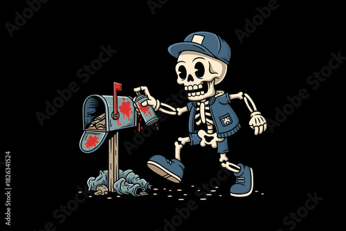 Skeleton mailman delivering mail to mailbox cartoon illustration