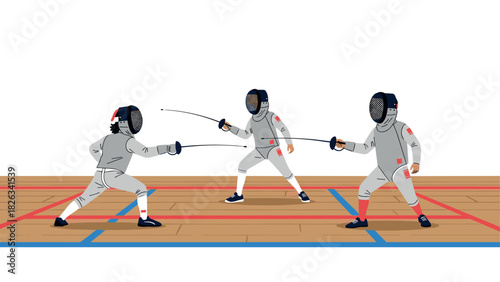 Fencing competition scene with athletes in action suited in professional gear on wooden floor