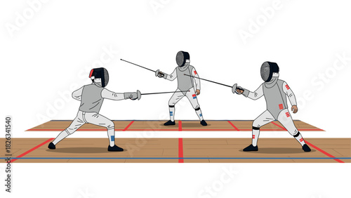 Fencing match illustration with athletes in action on competitive stage
