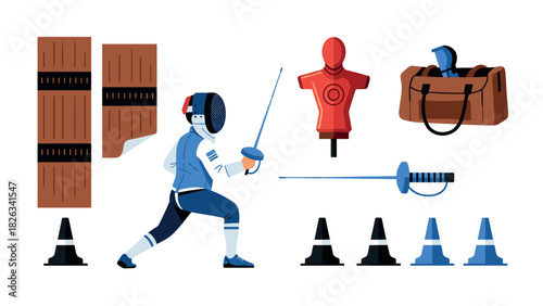 Fencing training equipment and athlete illustration for sports design