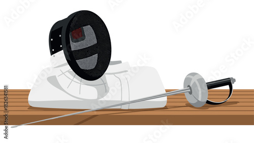 Fencing equipment set with mask and sword on wooden surface for sport enthusiasts