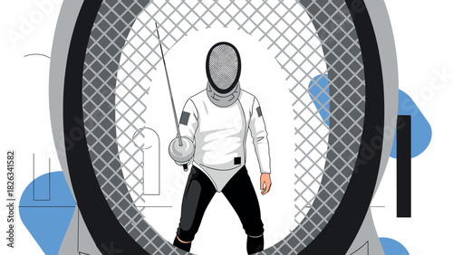 Fencing sport illustration with athlete in suit and mask for competitive event design