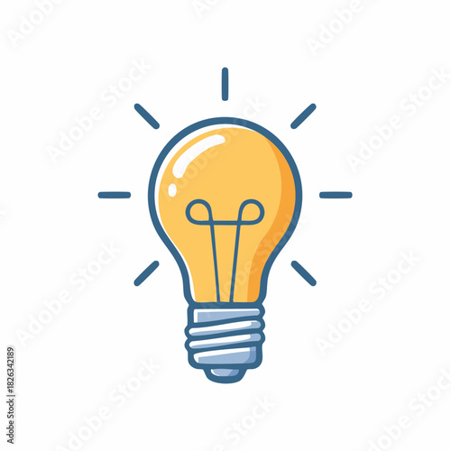 Bright cartoon lightbulb illuminating with rays, symbolizing a new idea, creative thought, invention, or moment of inspiration and discovery for innovative solutions