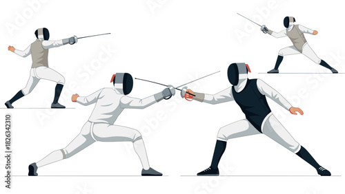 Animated fencing duel scene with various poses for sports enthusiasts and martial arts design