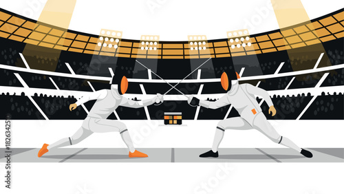 Competitive fencing duel in modern arena with spectators and spotlights
