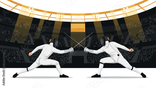 Intense fencing duel in illuminated arena setting for sports event design