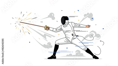 Dynamic fencing action illustration with fencer in motion for sports design and posters
