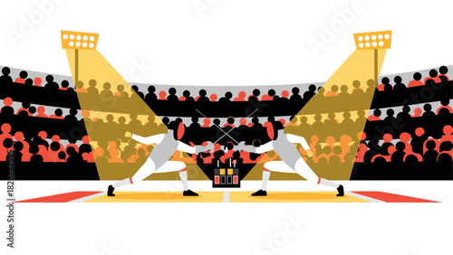 Intense fencing duel at a vibrant stadium arena under bright spotlights