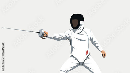 Fencing athlete in action with epee sword and protective gear for sport design