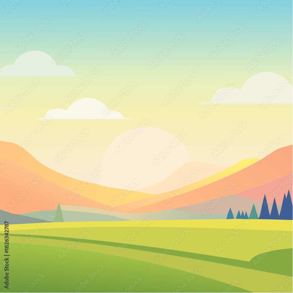 Obraz premium Beautiful Pastel Landscape with Rolling Hills and a Gentle Sun Setting Behind Mountains
