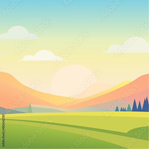 Beautiful Pastel Landscape with Rolling Hills and a Gentle Sun Setting Behind Mountains