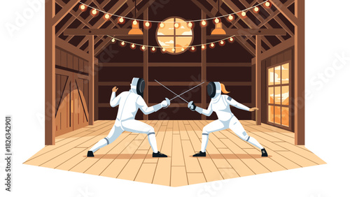 Fencing duel in rustic barn with sunset glow - sport and skill concept for design