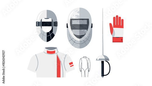 Fencing gear illustration: helmet, mask, glove, saber, and jacket design for sports and education