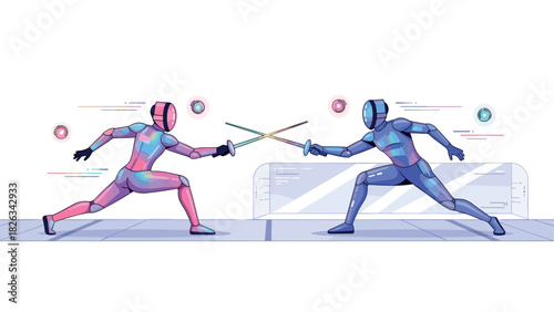 Futuristic robot fencing duel scene - dynamic ai combat design for sport and technology enthusiasts