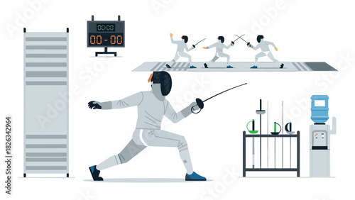 Fencing sport elements with fencer, equipment, and athletes in action for design and print