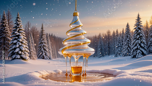 a glass and honey Christmas tree in a snowy landscape
