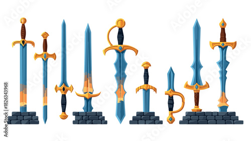 Fantasy sword collection on display for game design and art illustrations