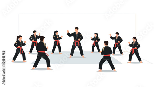 Martial arts class with karate students practicing techniques in uniforms