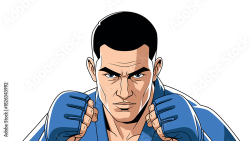 Determined martial artist in blue uniform for sports and fitness design
