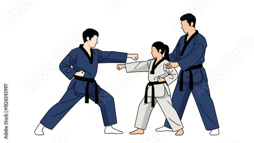 Martial arts training session with instructors guiding young student in karate practice