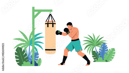 Fitness training with boxing bag and greenery illustration for athletic design projects
