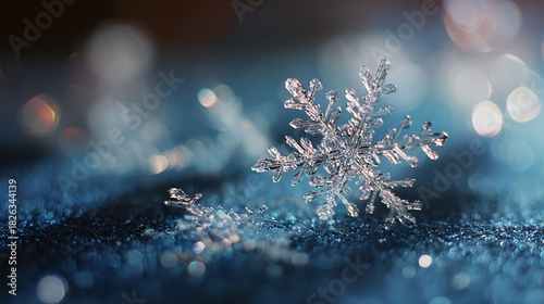 Macro crystal snowflake on sparkling blue winter background with dreamy bokeh lights
