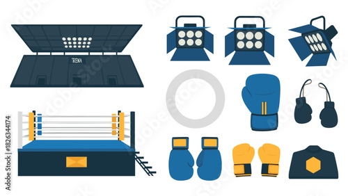 Boxing equipment and arena elements for sports design and illustration