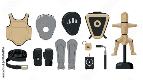 Martial arts training equipment collection for practice and coaching