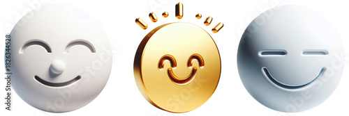 Three round emoji figures with smiling faces in gold and white colors render